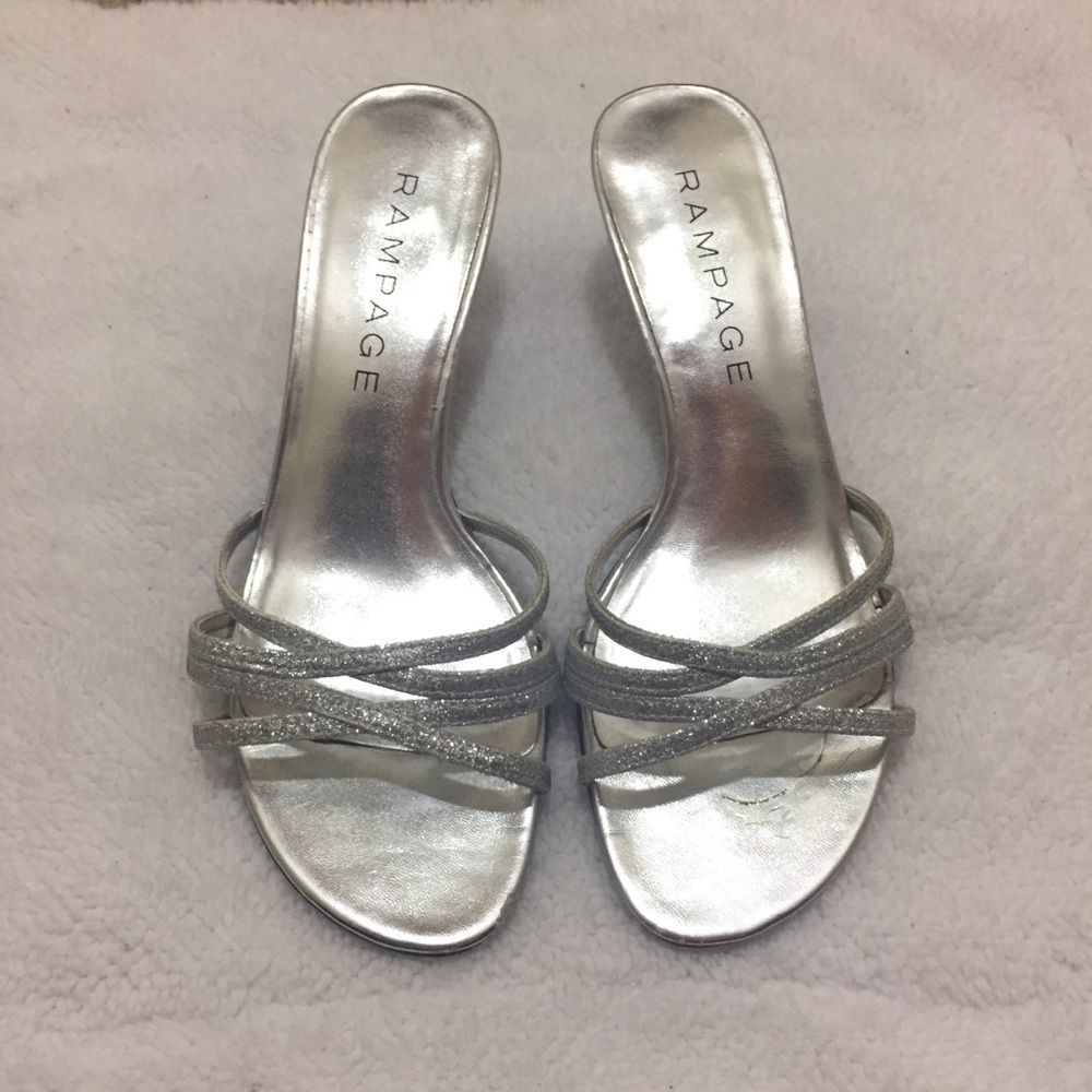 Silver glitter open toe heels, size 6.5